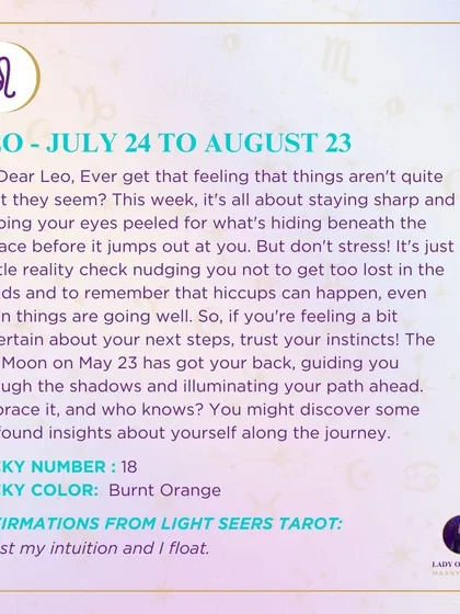 A weekly tarot forecast for Leo. This week is all about staying sharp and keeping your eyes peeled for what's hiding beneath the surface. Trust your instincts.