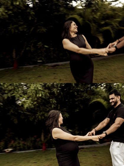 A dynamic collage capturing the couple playfully spinning and dancing in a garden. The motion and laughter make these shots feel alive and full of joy.