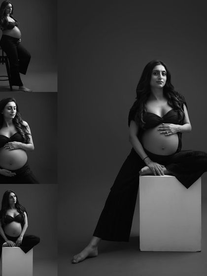 A collection of graceful and powerful poses. This black and white collage demonstrates the variety of artistic shots we can achieve in a minimalist studio setting.