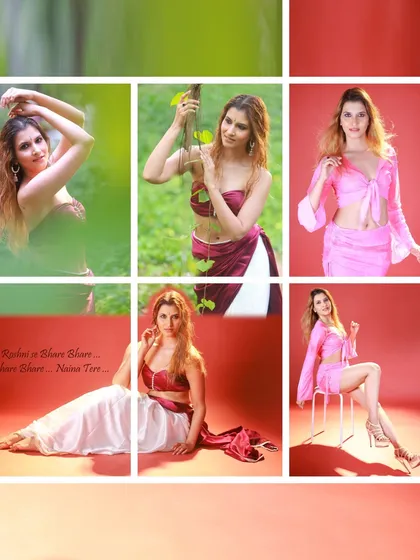 A collage of images from our dual-tone saree shoot, showing the variety of looks we achieved. It includes both the outdoor nature-themed shots and the studio portraits.