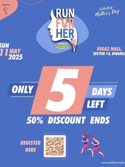 A participant poster for the "Run For Her" event, encouraging everyone to be a torchbearer for family fitness.