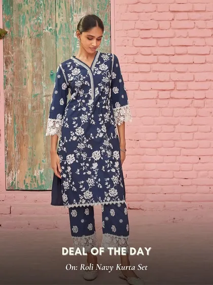 My Roli Navy Kurta Set features a beautiful floral print and delicate lace trim. It's a modern and chic take on the traditional kurta.