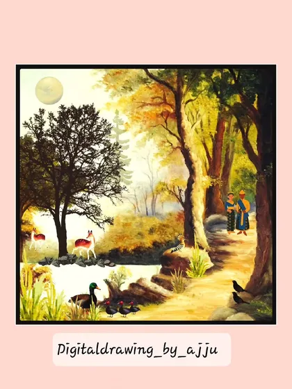 A digital painting depicting a peaceful forest scene, inspired by traditional art styles but created with modern tools. This artwork is designed to bring the beauty of nature indoors.