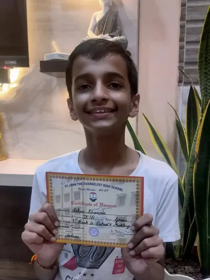 It's always a joy to see my students excel outside the classroom. Here is Ishan Sharma, a 9th-grade student, proudly holding his certificate for winning the 1st prize in his school's drawing competition.