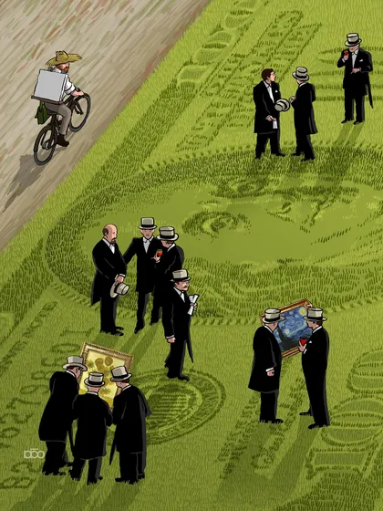 This illustration depicts the art world as a giant dollar bill. While men in suits trade paintings for profit, the artist himself cycles by on the dirt path, separate from the system built on his work. It’s about maintaining integrity when art becomes commerce.