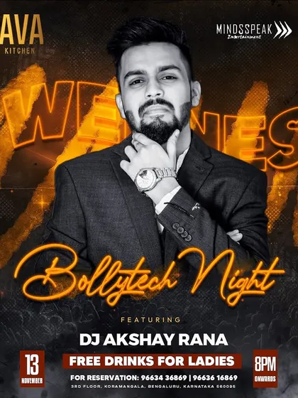 I love creating unique sounds, and my Bollytech sets are something special. This poster is from one of my dedicated Bollywood Techno nights, where we mix desi beats with techno vibes.