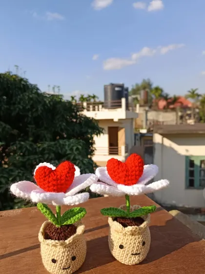 A pair of my heart-in-bloom potted flowers, a whimsical and romantic design.