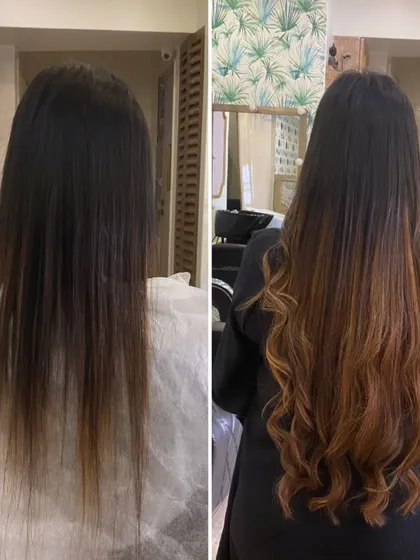 A side-by-side view of a major volume and length upgrade. The 'after' shot features beautiful, cascading waves that give the hair a luxurious and full-bodied appearance.