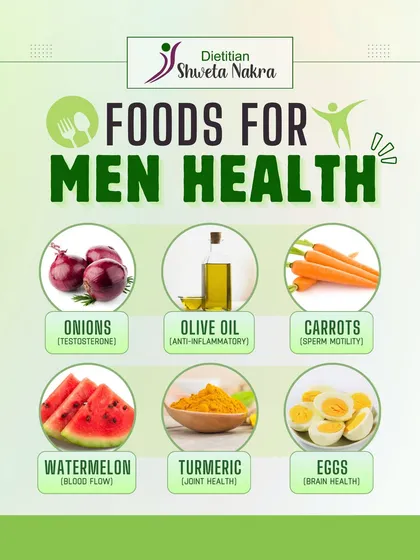 These six foods are excellent for men's health. Onions for testosterone, olive oil for anti-inflammatory benefits, carrots for sperm motility, and eggs for brain health.
