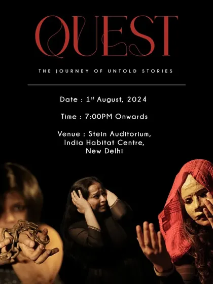 Another poster for 'Quest', highlighting the emotional themes of the production. The imagery uses masks and expressive hands to convey the internal struggles and eventual triumphs of the characters.