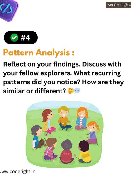Step 4: Pattern Analysis. The group reflects on their findings, discussing recurring patterns and how they are similar or different. This builds collaborative and analytical skills.