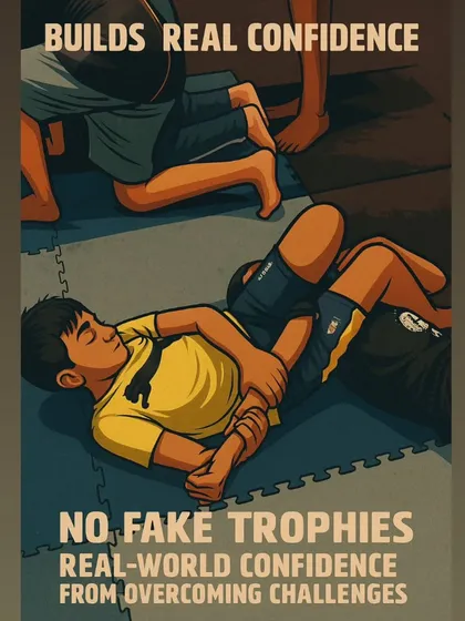 We don't give out fake trophies here. This image captures our core belief that real confidence is earned, not given. It comes from overcoming challenges on the mat, which builds mental strength for life.