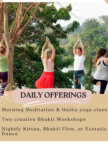 Captions will provide specific details about each retreat, its facilitators, and the daily activities, as seen in the media (e.g., "Learn the theory of Qigong and Traditional Chinese Medicine," "A serendipitous meeting at our ashram led to the creation of our Yin Yang Yoga retreat," "Daily offerings at our Bhakti retreat include kirtan and ecstatic dance.").