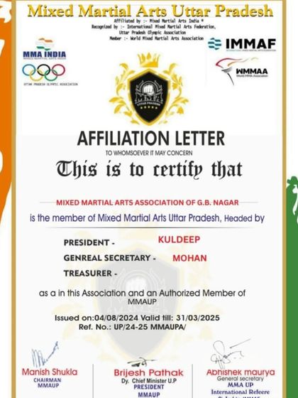 The official affiliation letter certifying our association as a member of the Mixed Martial Arts Uttar Pradesh body.