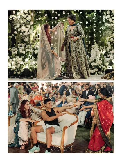 A collage showing the fun and games of the signing ceremony, with family members from both sides participating. It highlights the joyful, interactive nature of this unconventional wedding.