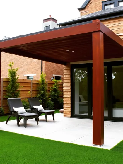 A modern, reddish-brown metal pergola attached to a wood-clad house. The clean lines and simple form create a contemporary covered patio space on an artificial turf lawn.