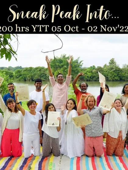 A proud moment for our 200-hour YTT graduates from October. With certificates in hand and the river behind them, they celebrate their achievement and the deep bonds they formed over a month of immersive practice.