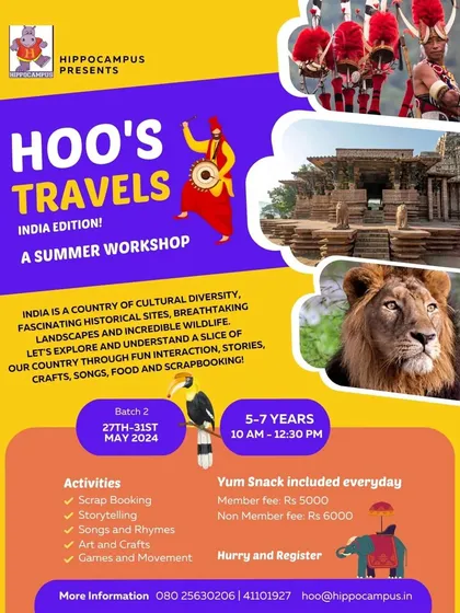 Let's go on an adventure with Hoo's Travels! Our summer workshops are packed with activities like scrapbooking, storytelling, and games that take kids on a journey across India, exploring its diverse cultures, wildlife, and history.