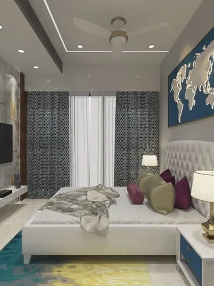 A 3D render showing a different angle of the travel-themed bedroom, focusing on the marble-paneled TV wall opposite the bed. This ensures a cohesive design from all viewpoints.