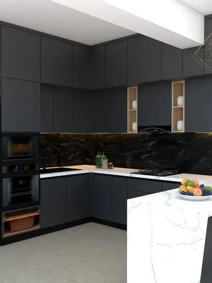 A complete view of a modern kitchen layout, combining matte black cabinetry with a white marble peninsula for a bold contrast. The design includes a dedicated bar area, making it perfect for entertaining.
