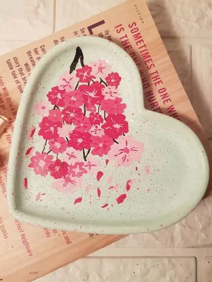 Another angle of our sold-out mint green cherry blossom heart tray, a piece we poured a lot of time and love into.