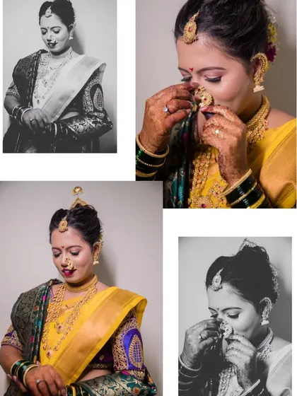 A collage of getting-ready moments, including black and white shots that add a timeless quality to the bride's preparations.