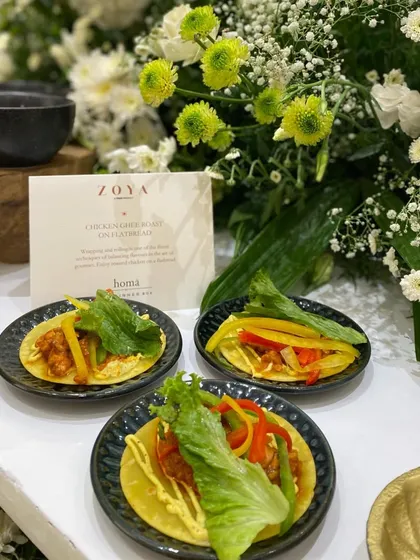Chicken & Bell Pepper Mini Flatbreads, another bespoke canapé created for a luxury brand launch, showcasing fresh ingredients and vibrant colors.