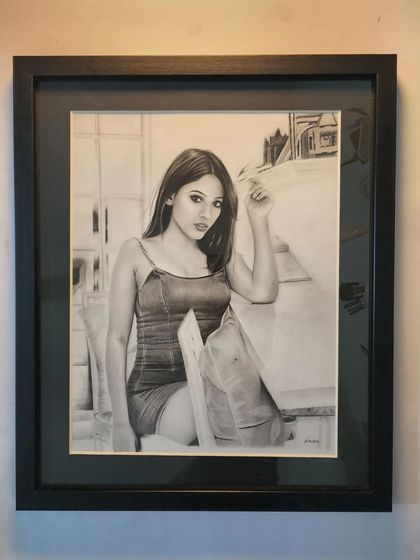 The finished full-length portrait in a black frame.