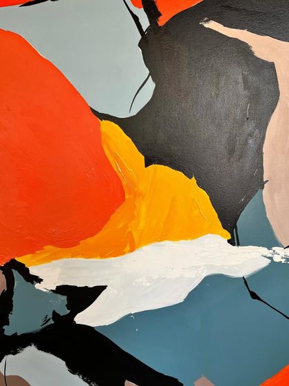A detail shot showing the dynamic composition of colors and shapes. Each form is placed to create a visual rhythm that is both chaotic and balanced.