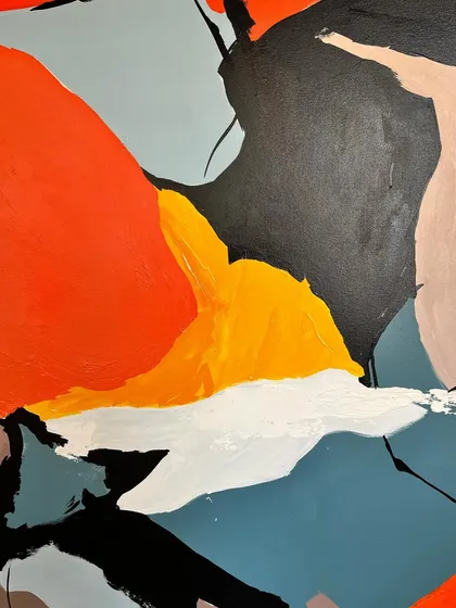This close-up captures the bold orange and yellow shapes in the 'Colour Cluster' abstract, showcasing the energy and vibrancy of the composition.