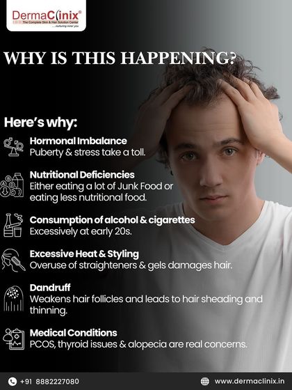 Why is teen hair loss happening? This infographic details the common causes, including hormonal imbalance, nutritional deficiencies, stress, and excessive heat styling.