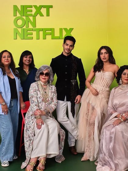The cast of 'The Royals' for a Netflix event, with Zeenat Aman seated in the center wearing the full look I styled. It’s always a collaborative effort to create a cohesive group aesthetic.