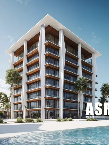 A daytime render of the Koh Lanta service apartments. The design features open layouts and sea-facing views, along with amenities like restaurants and a swimming pool, offering a complete resort-style experience.