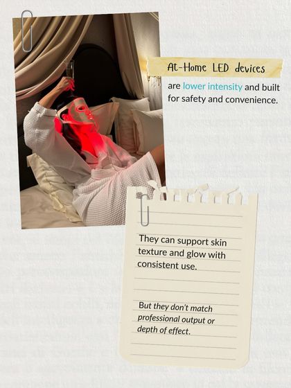 At-home LED devices are great for convenience and can support skin texture with consistent use. However, they have a lower intensity and don't match the depth of effect of professional treatments.
