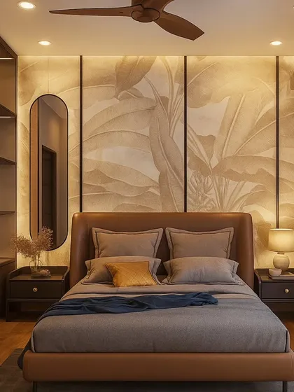Your bedroom should be your personal retreat. In this master bedroom, we used warm earth tones, a custom upholstered bed, and a nature-inspired wallpaper panel to create a tranquil and restorative atmosphere. The integrated wardrobe provides seamless storage without disrupting the calm.