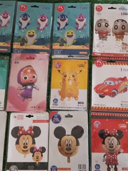 I have a large inventory of foil balloons for kids' favorite characters, such as Baby Shark, Shinchan, Masha, Pikachu, Cars, Doraemon, and Mickey and Minnie Mouse.