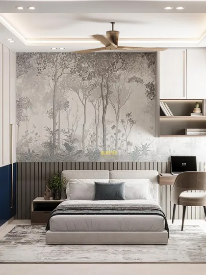 A guest bedroom design for Elite Golf Greens. The feature wall combines grey tropical wallpaper with sleek louvers, creating a natural yet sophisticated look. The room includes a compact workstation with overhead storage.
