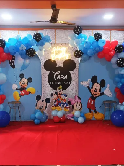 A classic Mickey Mouse Clubhouse theme for a second birthday. I used the signature red, blue, and black colors, along with character cutouts of Mickey and Minnie, to create a fun and recognizable party scene.
