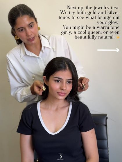 The jewelry test is a quick and effective way to confirm your undertones. By comparing how gold and silver metals look against your skin, we can determine if you are a warm tone, a cool tone, or beautifully neutral. This helps with choosing not just jewelry, but hardware on bags and belts too.