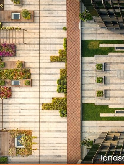 This top-down view of the Zydus Headquarters landscape shows a geometric precision inspired by regional landforms. The pathways, planters, and seating areas are arranged in a dynamic composition that is both beautiful and highly functional, guiding movement and creating distinct zones for relaxation and interaction.