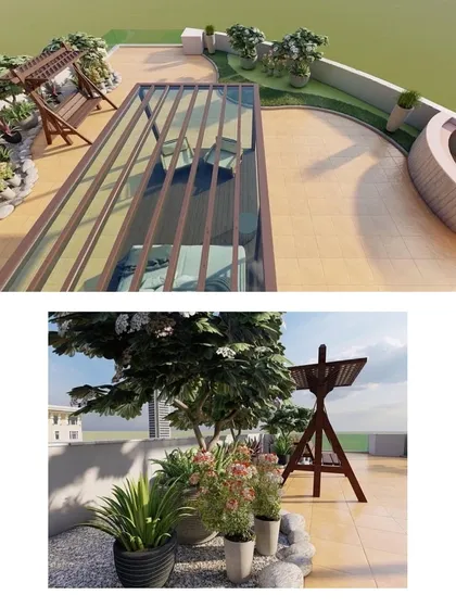 More design views for a residential terrace, showing a top-down perspective of the layout. This includes a retractable glass roof over the seating area, a wooden swing, and planters along the periphery.