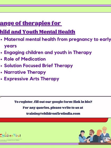 Our CYMH course explores a wide spectrum of therapeutic approaches. This graphic details the "Range of Therapies" module, which covers maternal mental health, engaging youth in therapy, the role of medication, and specific modalities like SFBT and Narrative Therapy.