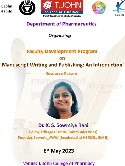 The announcement for my first offline Faculty Development Program in Bangalore at T.John College of Pharmacy, focusing on manuscript writing and publishing.