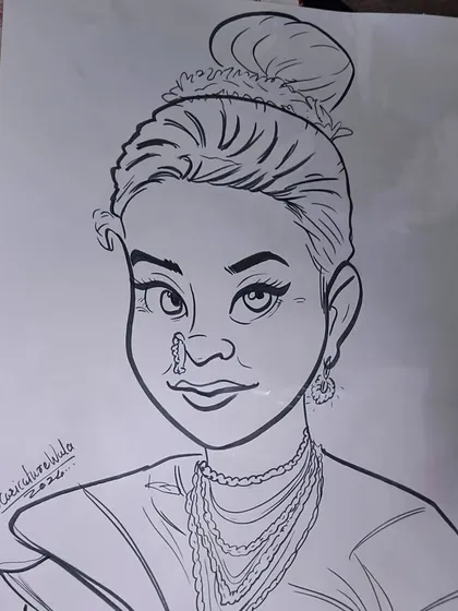 Caricature of the day. A beautiful portrait of a woman with her hair in a bun, wearing traditional jewelry.