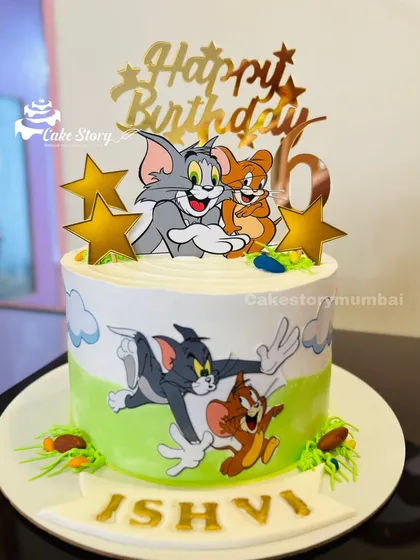 A classic Tom and Jerry theme cake. This design captures the fun and chaos of the beloved cartoon duo, perfect for a 6th birthday celebration.