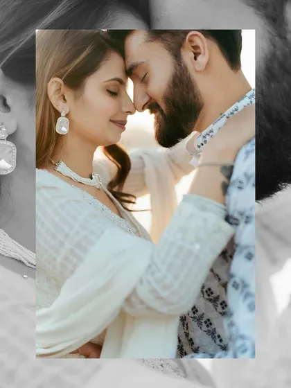A beautifully edited close-up focusing on the couple's tender expressions and the elegant details of their attire.