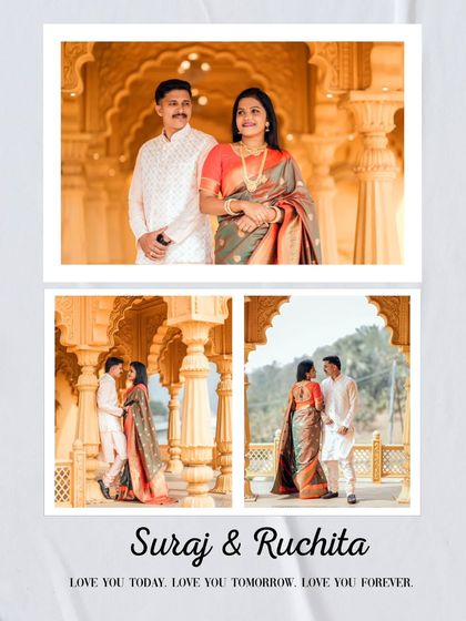 A clean and elegant layout featuring the couple inside a beautifully lit hall with ornate pillars, highlighting the grandeur of the location and their attire.