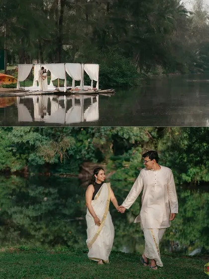 A serene pre-wedding collage showing the couple by a lake, one shot featuring a romantic setup on a floating platform.