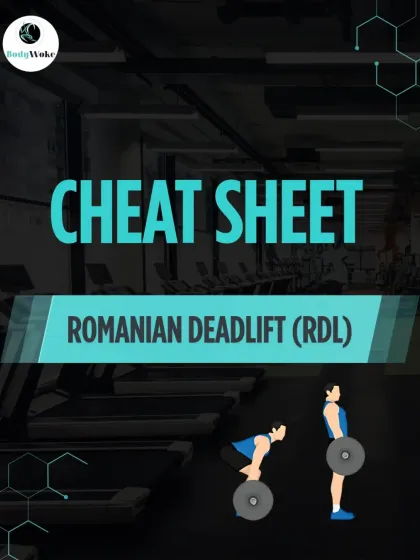 Cheat Sheet: Romanian Deadlift (RDL). Perfect for targeting hamstrings and glutes. This guide shows the proper hip-hinge movement.