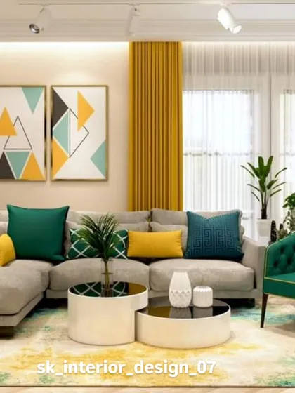 A vibrant living room design with a grey sectional sofa accented with yellow and green cushions. The colorful rug and artwork bring energy and personality to the space.